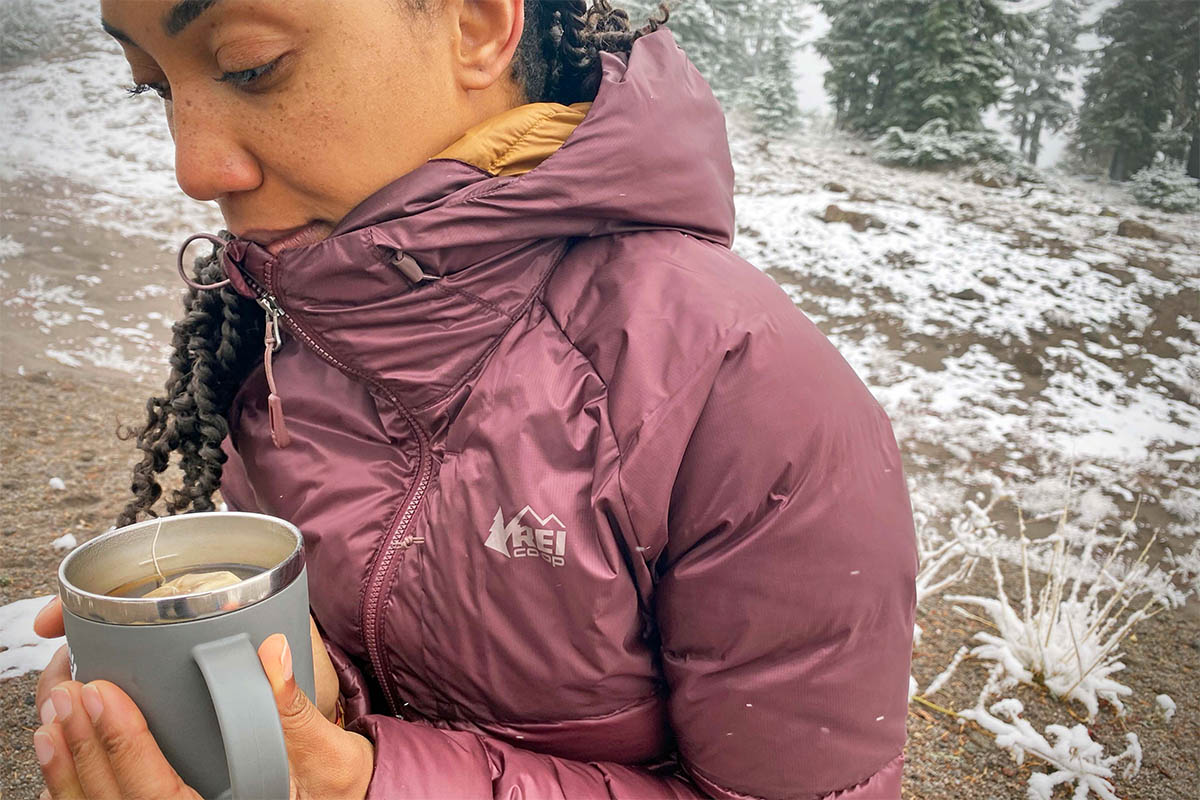 REI Co-op Stratocloud Down Hoodie (drinking tea)